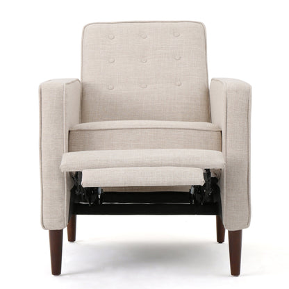Poltrona reclinabile imbottita Mid-Century in tessuto beige con poggiapiedi, schienale con bottoni trapuntati, gambe in legno di faggio