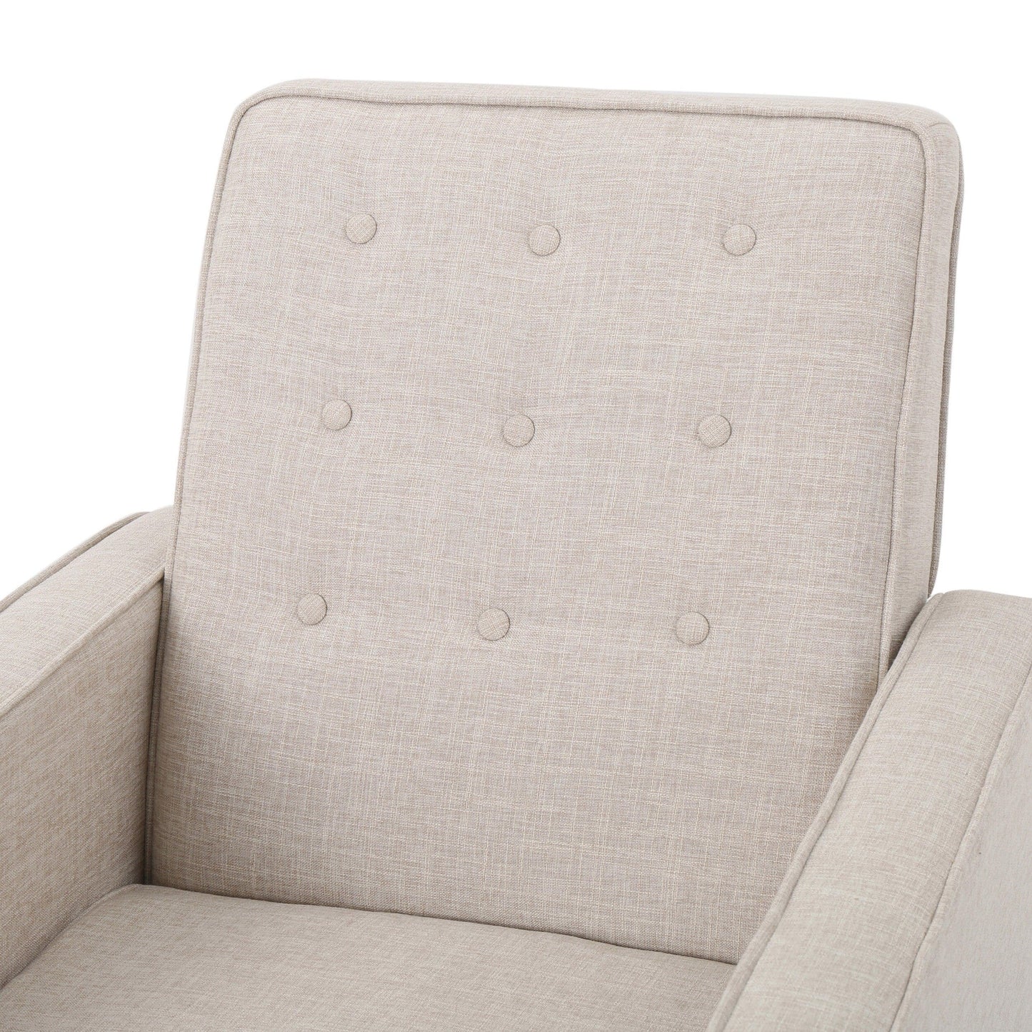 Poltrona reclinabile imbottita Mid-Century in tessuto beige con poggiapiedi, schienale con bottoni trapuntati, gambe in legno di faggio