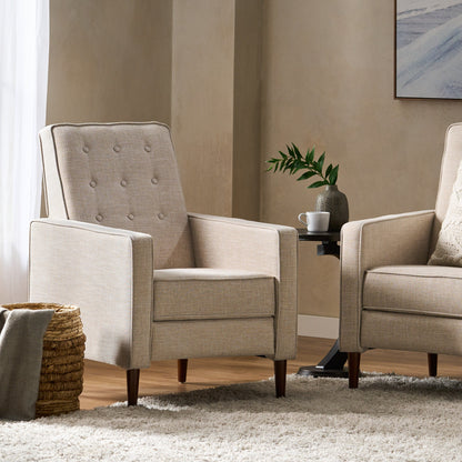 Poltrona reclinabile imbottita Mid-Century in tessuto beige con poggiapiedi, schienale con bottoni trapuntati, gambe in legno di faggio