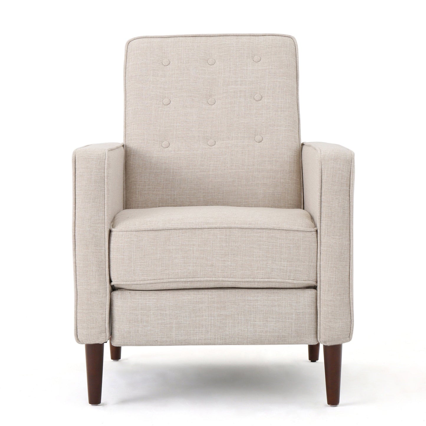 Poltrona reclinabile imbottita Mid-Century in tessuto beige con poggiapiedi, schienale con bottoni trapuntati, gambe in legno di faggio
