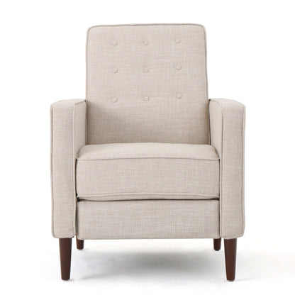 Poltrona reclinabile imbottita Mid-Century in tessuto beige con poggiapiedi, schienale con bottoni trapuntati, gambe in legno di faggio