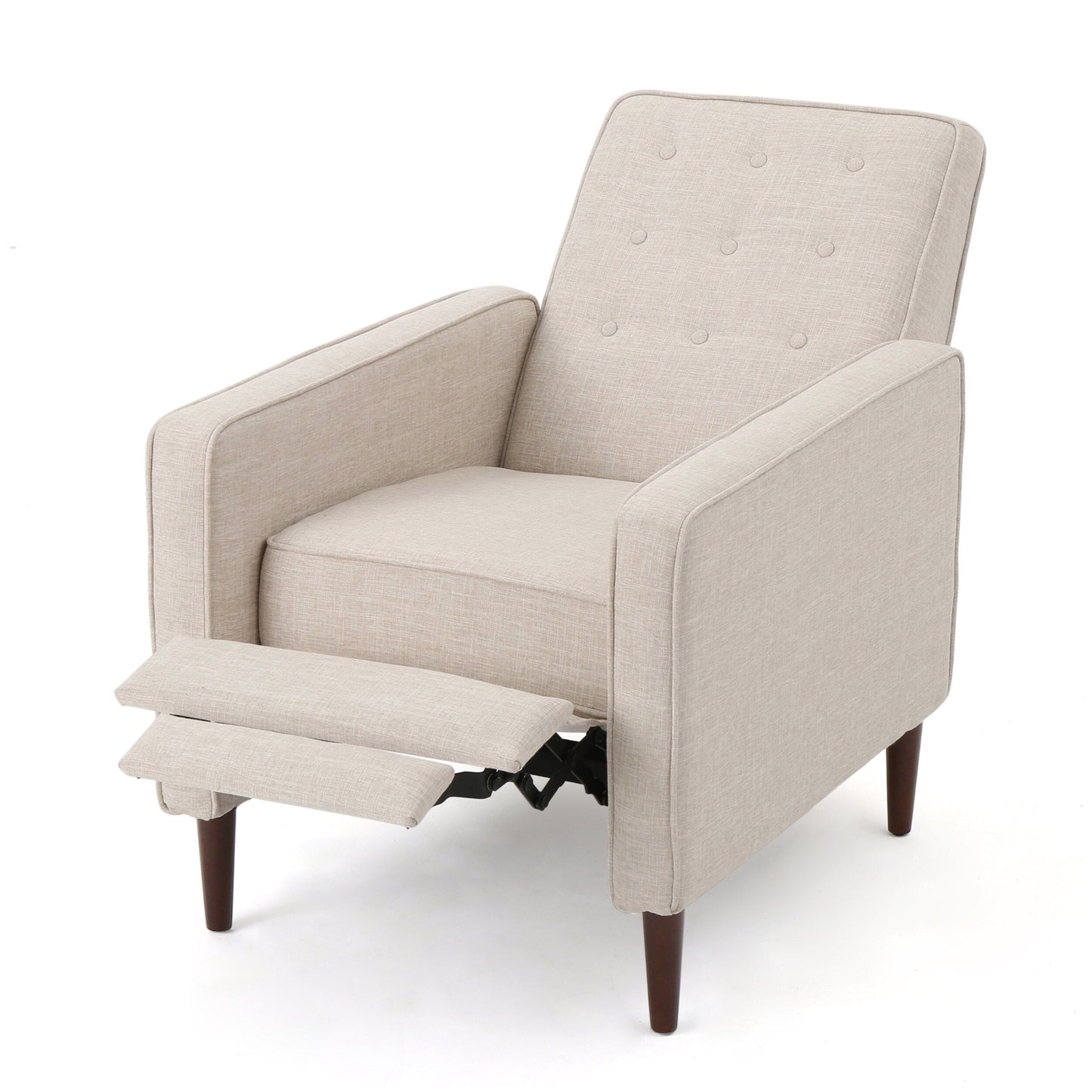 Poltrona reclinabile imbottita Mid-Century in tessuto beige con poggiapiedi, schienale con bottoni trapuntati, gambe in legno di faggio