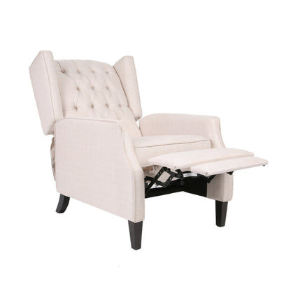 Poltrona reclinabile Mid-Century in tessuto beige con schienale a ali e poggiapiedi, schienale con bottoni trapuntati