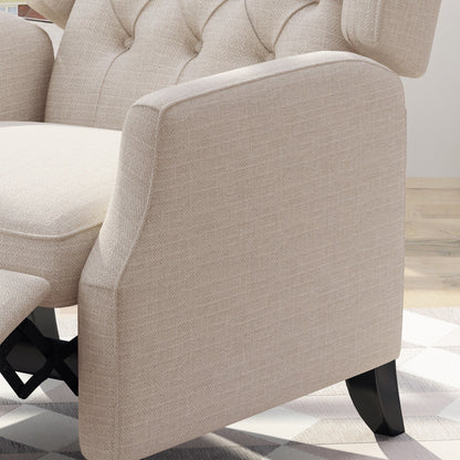 Poltrona reclinabile Mid-Century in tessuto beige con schienale a ali e poggiapiedi, schienale con bottoni trapuntati