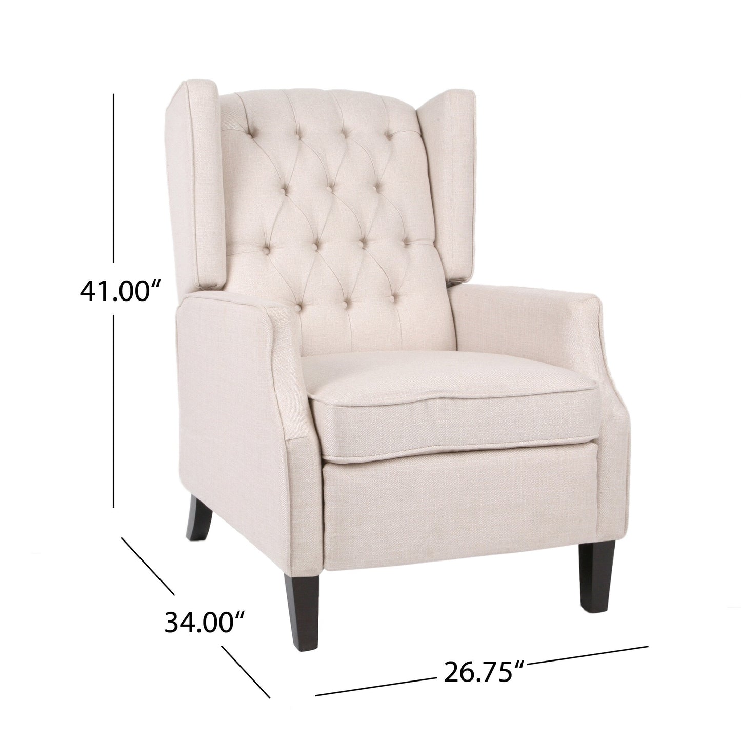 Poltrona reclinabile Mid-Century in tessuto beige con schienale a ali e poggiapiedi, schienale con bottoni trapuntati
