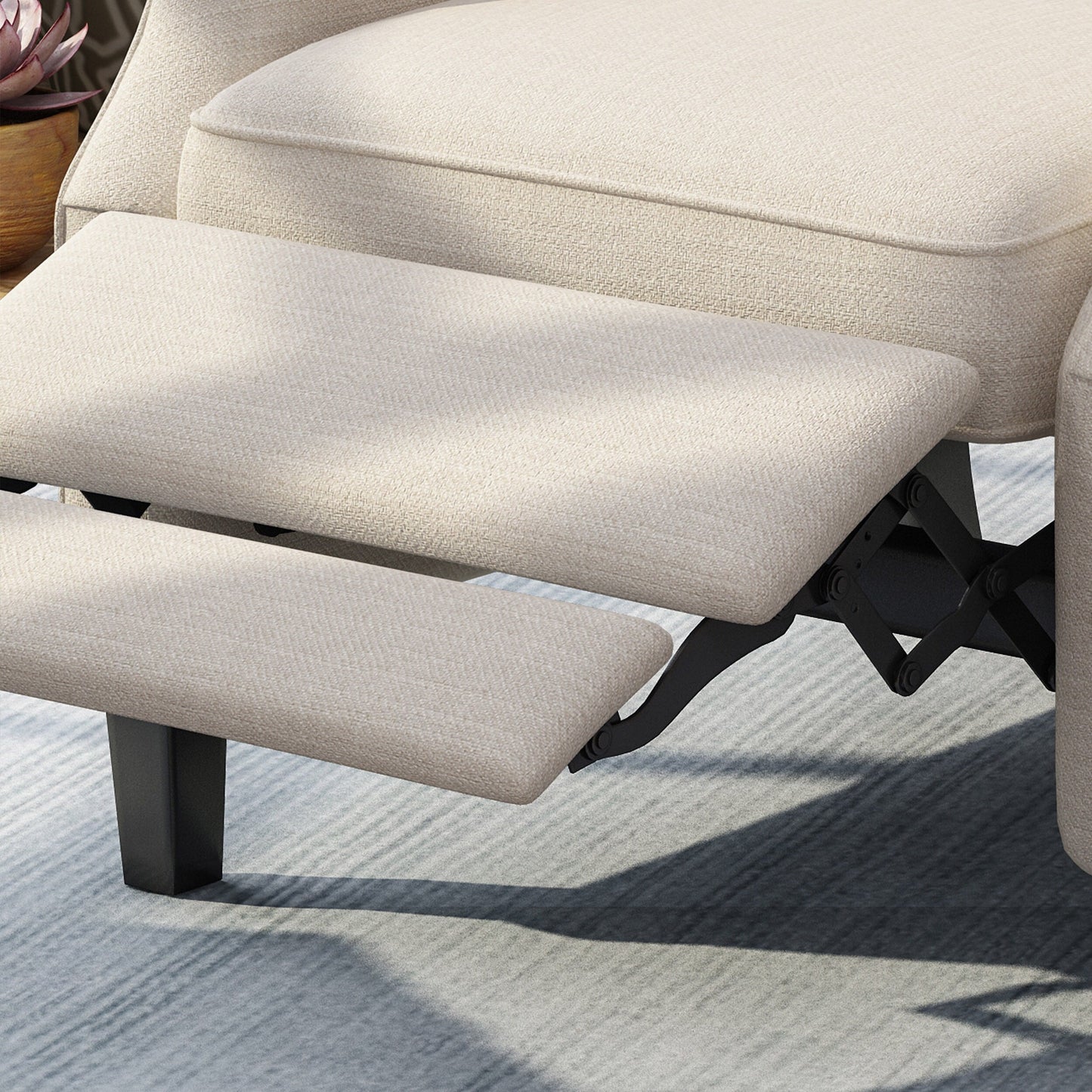 Poltrona reclinabile Mid-Century in tessuto beige con schienale a ali e poggiapiedi, schienale con bottoni trapuntati