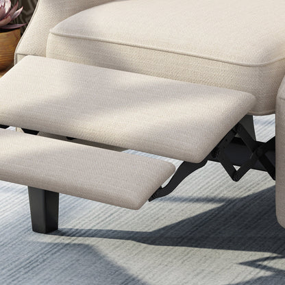 Poltrona reclinabile Mid-Century in tessuto beige con schienale a ali e poggiapiedi, schienale con bottoni trapuntati