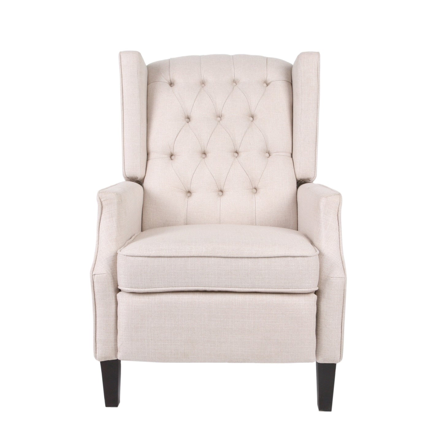 Poltrona reclinabile Mid-Century in tessuto beige con schienale a ali e poggiapiedi, schienale con bottoni trapuntati