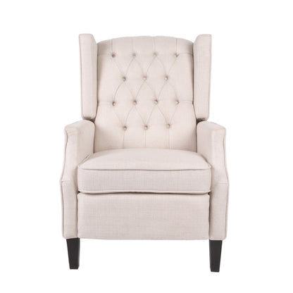 Poltrona reclinabile Mid-Century in tessuto beige con schienale a ali e poggiapiedi, schienale con bottoni trapuntati