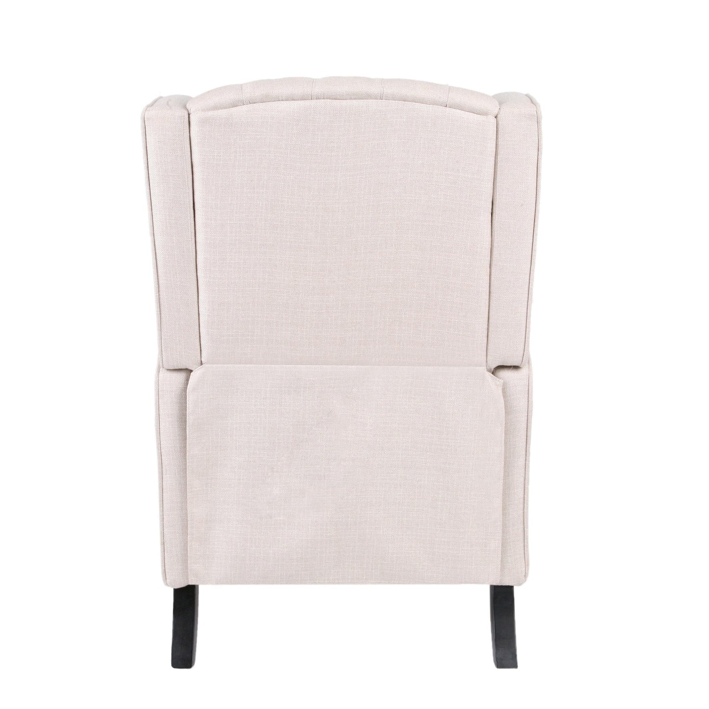 Poltrona reclinabile Mid-Century in tessuto beige con schienale a ali e poggiapiedi, schienale con bottoni trapuntati