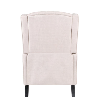 Poltrona reclinabile Mid-Century in tessuto beige con schienale a ali e poggiapiedi, schienale con bottoni trapuntati