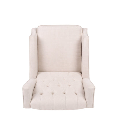 Poltrona reclinabile Mid-Century in tessuto beige con schienale a ali e poggiapiedi, schienale con bottoni trapuntati