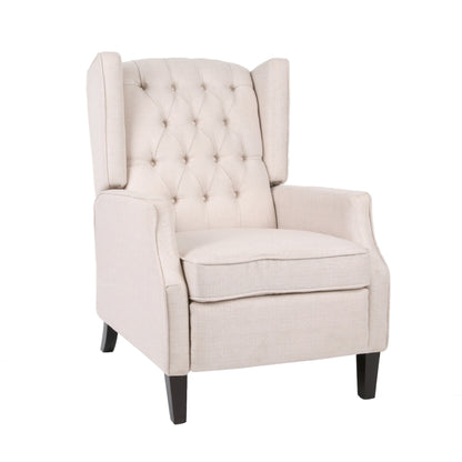 Poltrona reclinabile Mid-Century in tessuto beige con schienale a ali e poggiapiedi, schienale con bottoni trapuntati