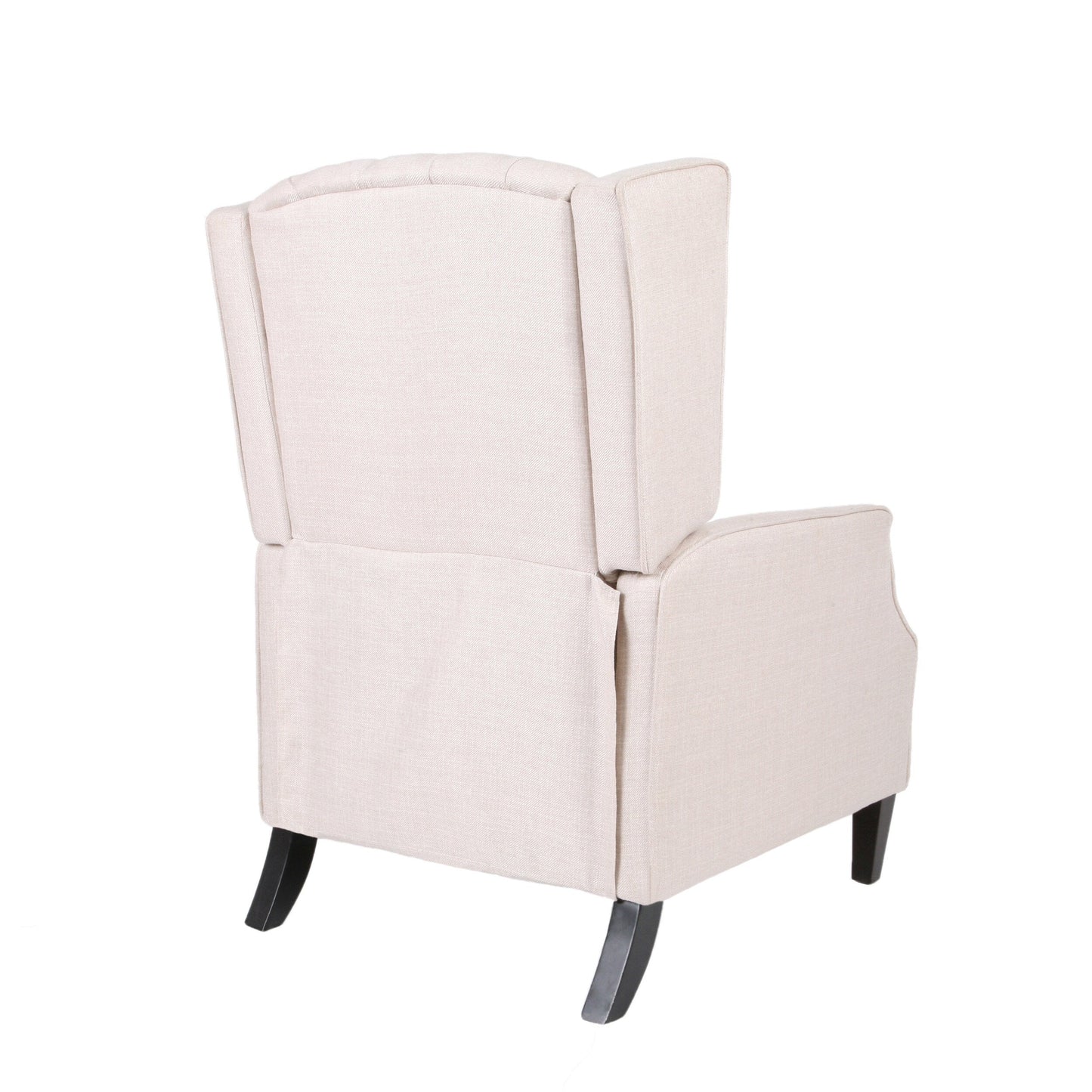 Poltrona reclinabile Mid-Century in tessuto beige con schienale a ali e poggiapiedi, schienale con bottoni trapuntati