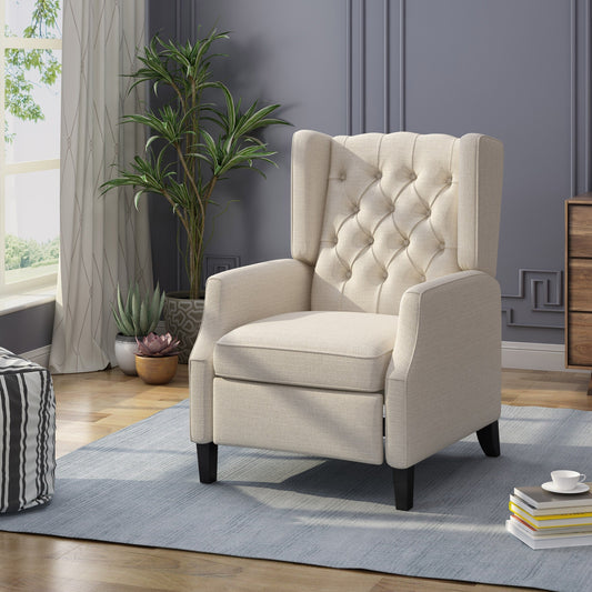 Poltrona reclinabile Mid-Century in tessuto beige con schienale a ali e poggiapiedi, schienale con bottoni trapuntati
