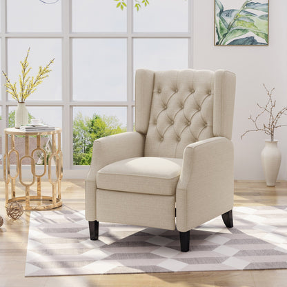 Poltrona reclinabile Mid-Century in tessuto beige con schienale a ali e poggiapiedi, schienale con bottoni trapuntati