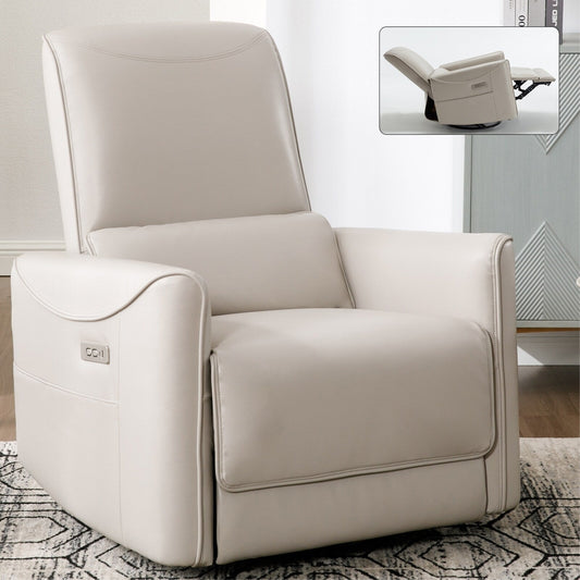 Poltrona reclinabile elettrica girevole a 270° in similpelle beige con cuscini lombari, 2 tasche laterali, porte USB e Type-C
