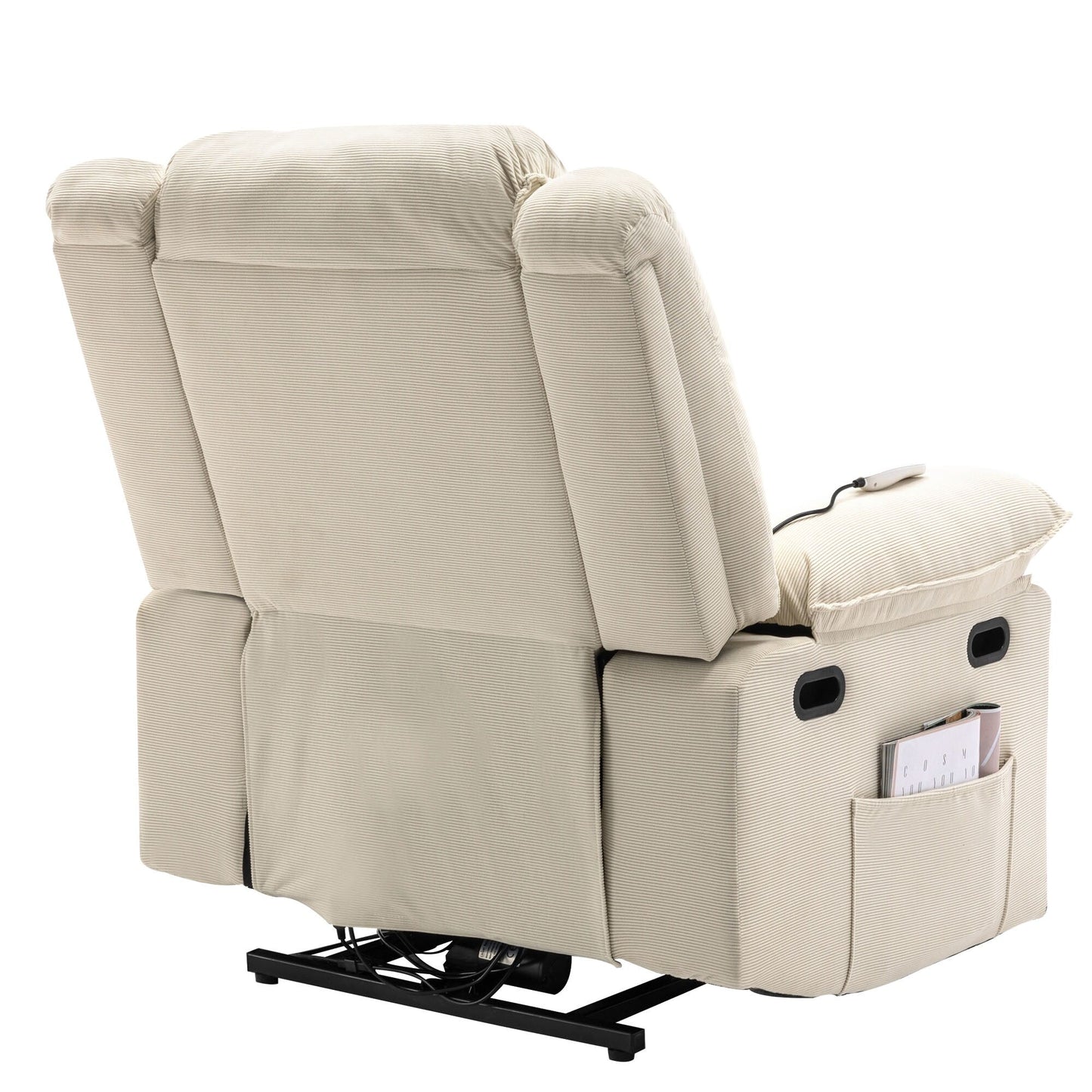 Poltrona reclinabile beige con massaggio riscaldato, infinite posizioni di reclinazione, tasche laterali e braccioli retrattili per il massimo comfort