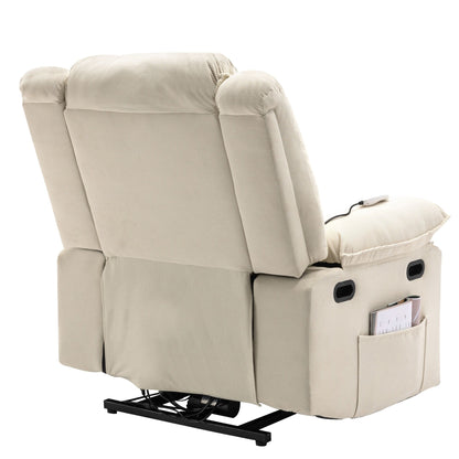 Poltrona reclinabile beige con massaggio riscaldato, infinite posizioni di reclinazione, tasche laterali e braccioli retrattili per il massimo comfort