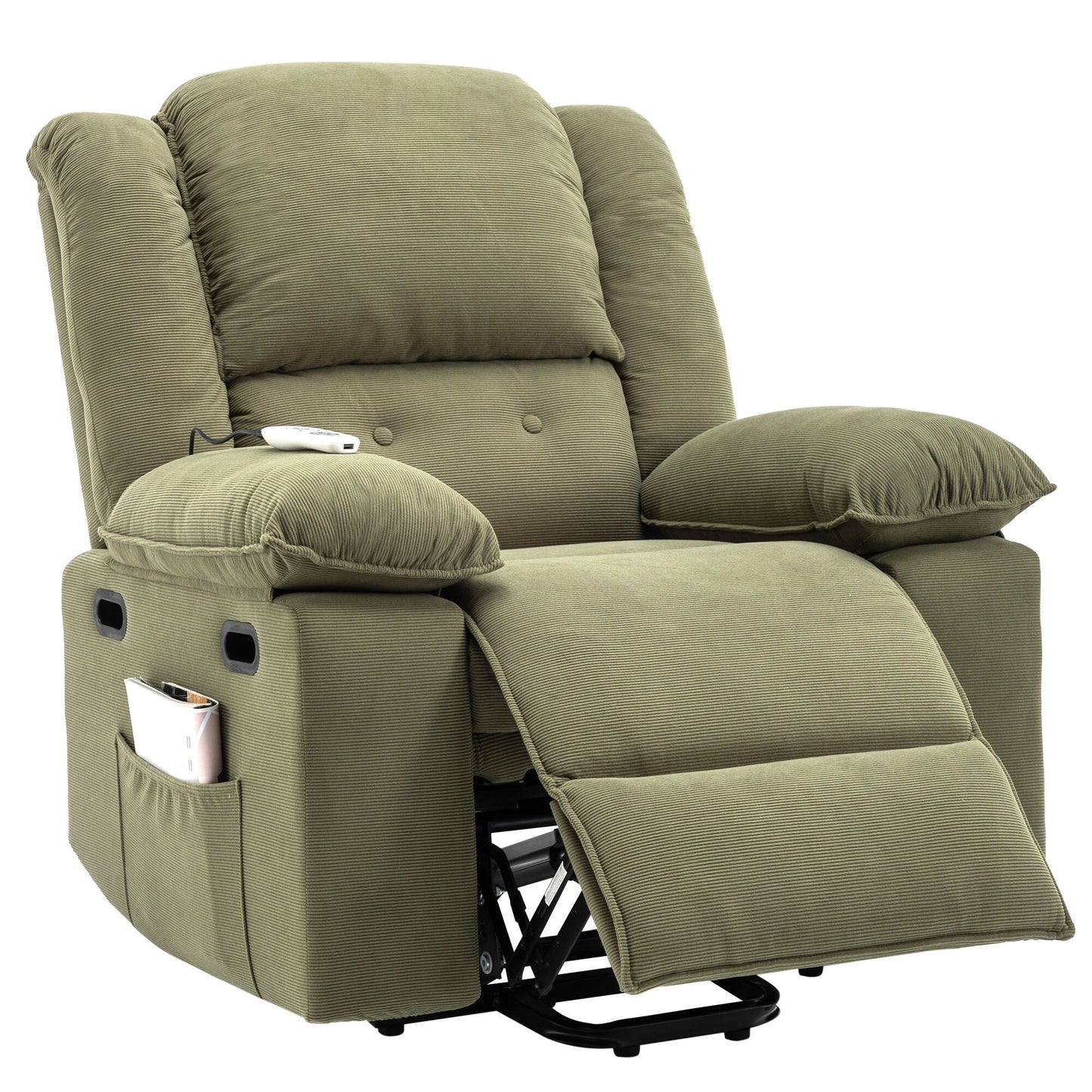 Poltrona reclinabile beige con massaggio riscaldato, infinite posizioni di reclinazione, tasche laterali e braccioli retrattili per il massimo comfort