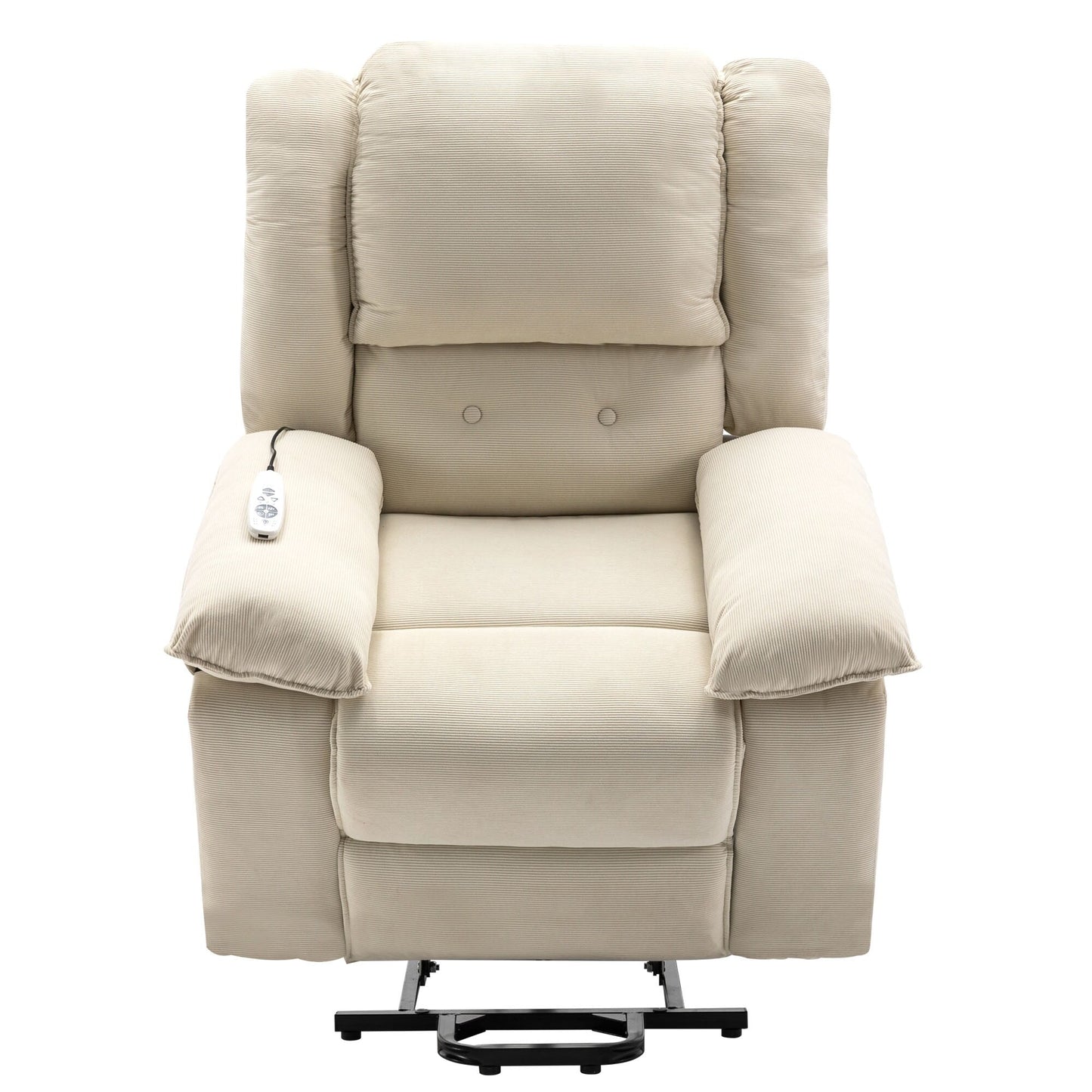 Poltrona reclinabile beige con massaggio riscaldato, infinite posizioni di reclinazione, tasche laterali e braccioli retrattili per il massimo comfort