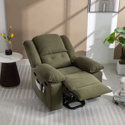 Poltrona reclinabile beige con massaggio riscaldato, infinite posizioni di reclinazione, tasche laterali e braccioli retrattili per il massimo comfort