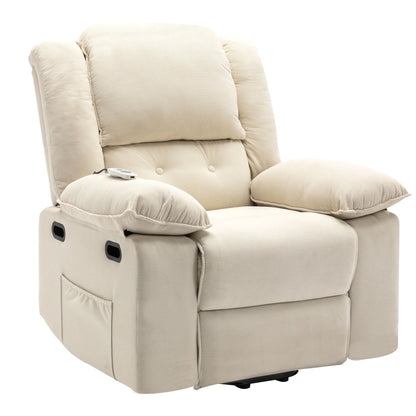 Poltrona reclinabile beige con massaggio riscaldato, infinite posizioni di reclinazione, tasche laterali e braccioli retrattili per il massimo comfort