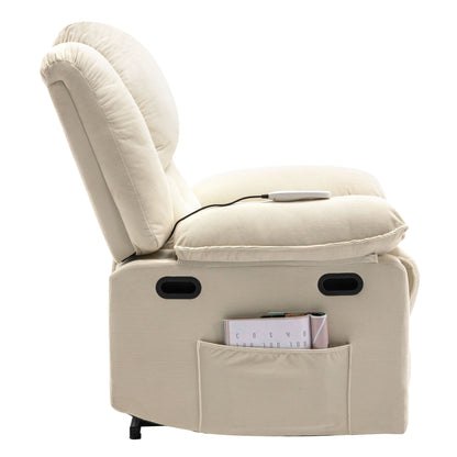 Poltrona reclinabile beige con massaggio riscaldato, infinite posizioni di reclinazione, tasche laterali e braccioli retrattili per il massimo comfort