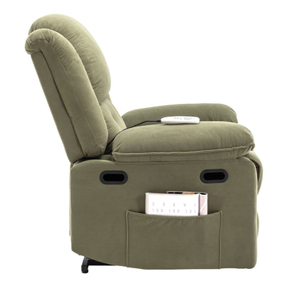 Poltrona reclinabile beige con massaggio riscaldato, infinite posizioni di reclinazione, tasche laterali e braccioli retrattili per il massimo comfort