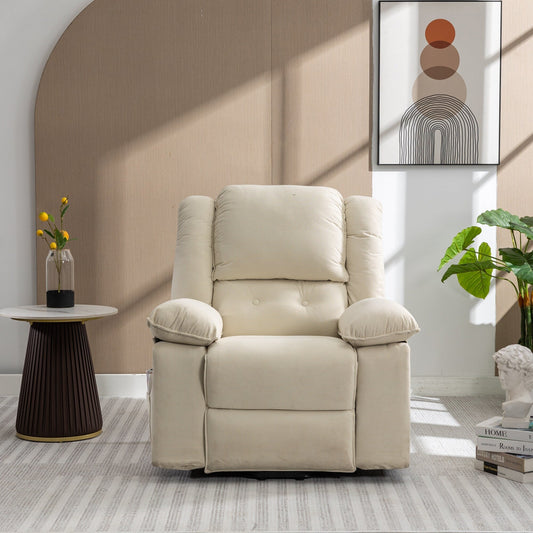 Poltrona reclinabile beige con massaggio riscaldato, infinite posizioni di reclinazione, tasche laterali e braccioli retrattili per il massimo comfort