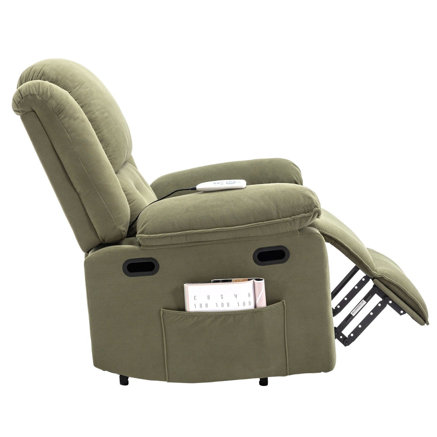 Poltrona reclinabile beige con massaggio riscaldato, infinite posizioni di reclinazione, tasche laterali e braccioli retrattili per il massimo comfort