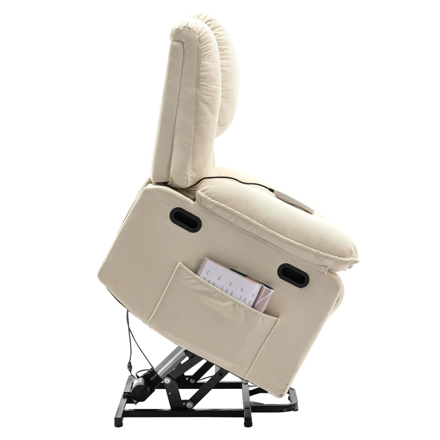 Poltrona reclinabile beige con massaggio riscaldato, infinite posizioni di reclinazione, tasche laterali e braccioli retrattili per il massimo comfort