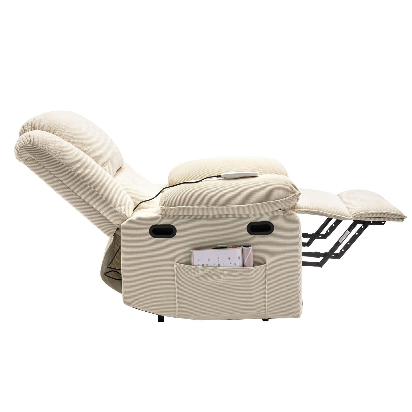 Poltrona reclinabile beige con massaggio riscaldato, infinite posizioni di reclinazione, tasche laterali e braccioli retrattili per il massimo comfort