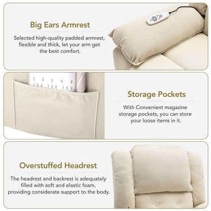 Poltrona reclinabile beige con massaggio riscaldato, infinite posizioni di reclinazione, tasche laterali e braccioli retrattili per il massimo comfort
