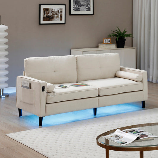 Divano a 3 posti in lino beige con luci a LED e porte USB