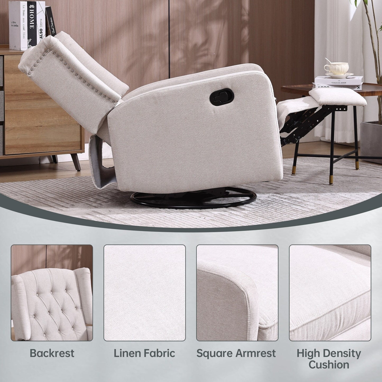 Poltrona reclinabile manuale girevole a 360° in lino beige con schienale imbottito con bottoni e poggiapiedi per soggiorno e camera da letto