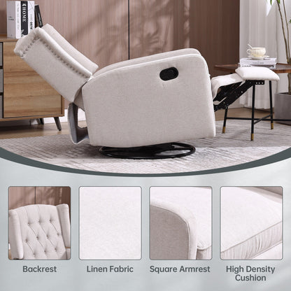 Poltrona reclinabile manuale girevole a 360° in lino beige con schienale imbottito con bottoni e poggiapiedi per soggiorno e camera da letto