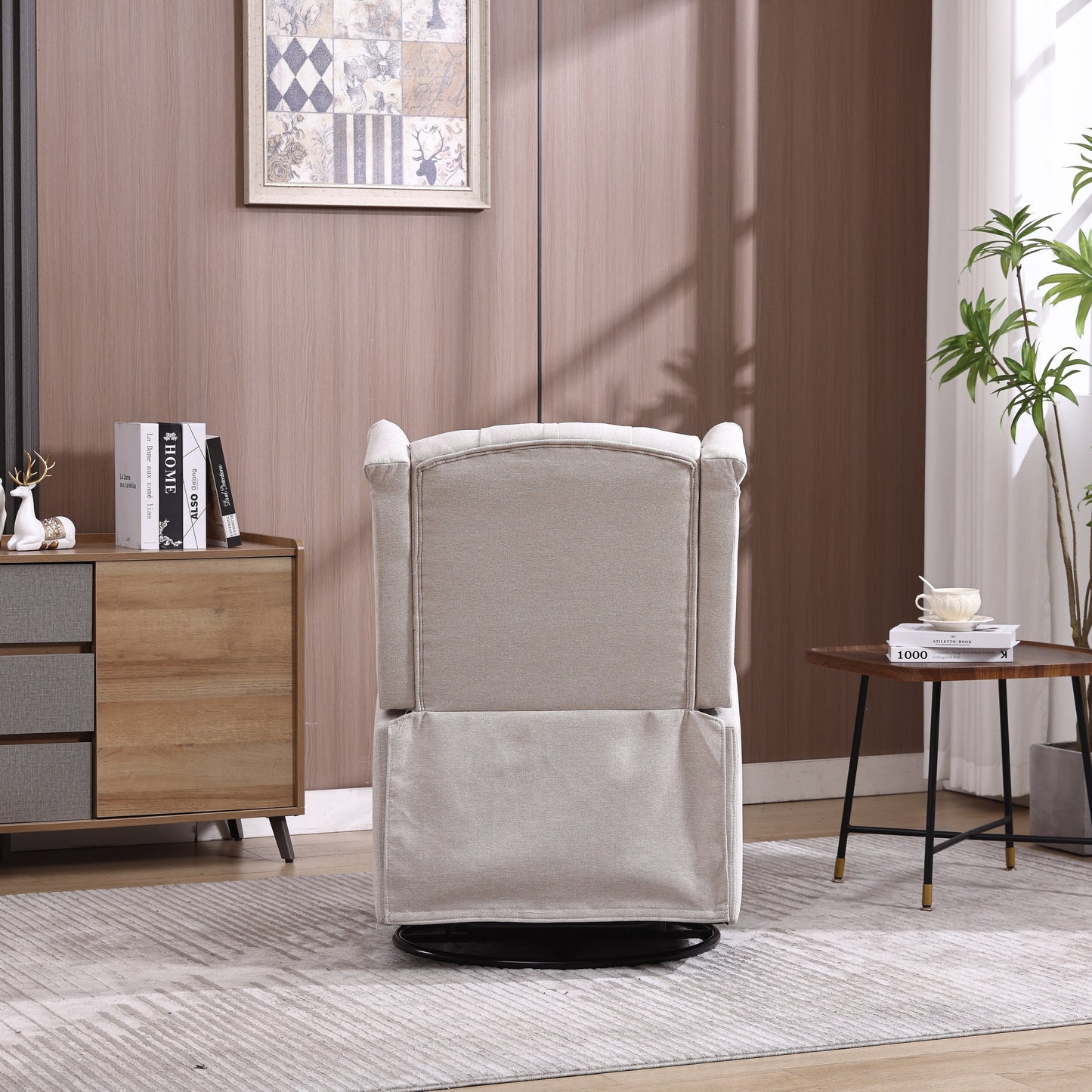 Poltrona reclinabile manuale girevole a 360° in lino beige con schienale imbottito con bottoni e poggiapiedi per soggiorno e camera da letto