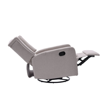 Poltrona reclinabile manuale girevole a 360° in lino beige con schienale imbottito con bottoni e poggiapiedi per soggiorno e camera da letto