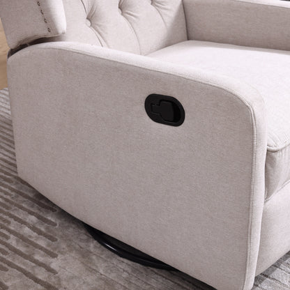 Poltrona reclinabile manuale girevole a 360° in lino beige con schienale imbottito con bottoni e poggiapiedi per soggiorno e camera da letto