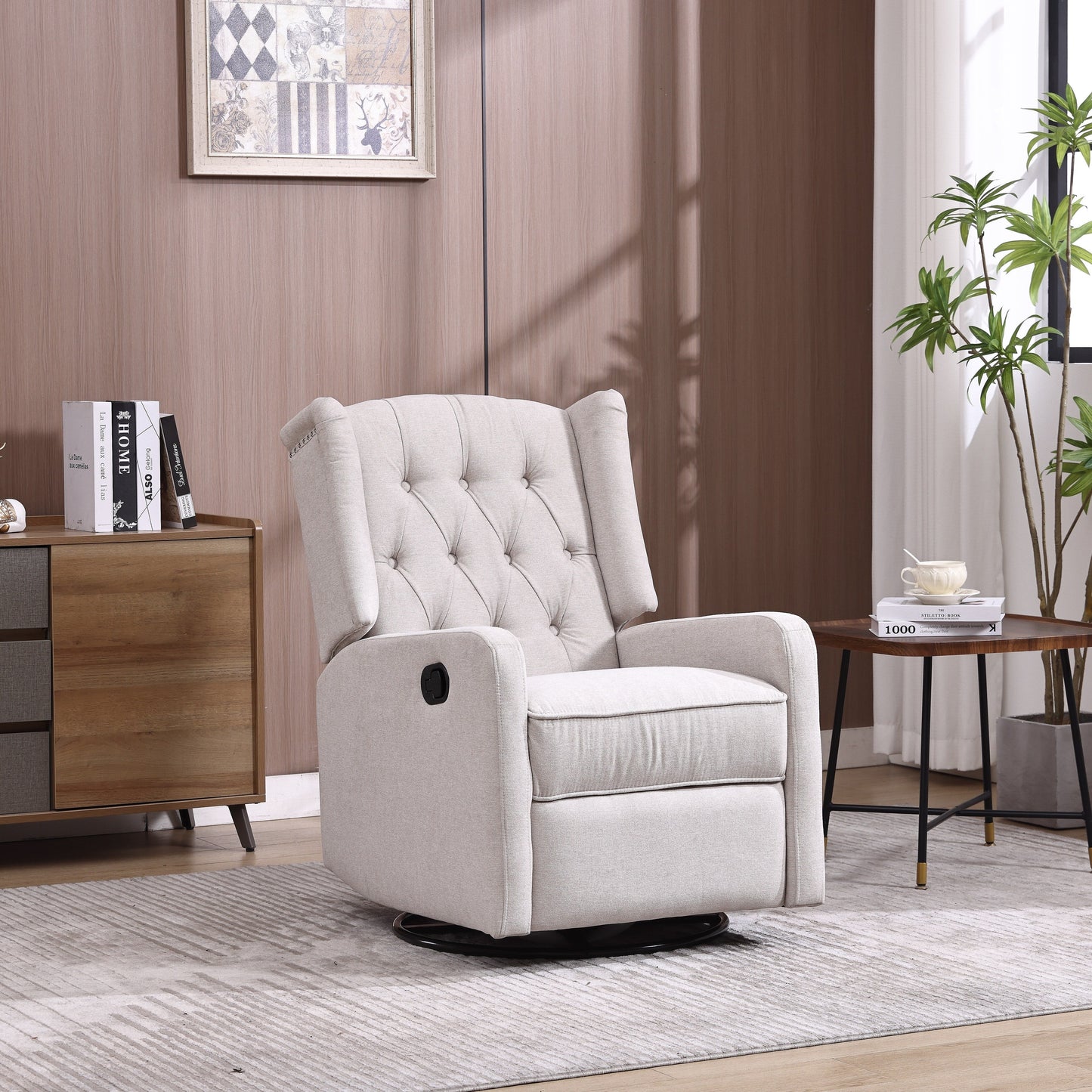 Poltrona reclinabile manuale girevole a 360° in lino beige con schienale imbottito con bottoni e poggiapiedi per soggiorno e camera da letto