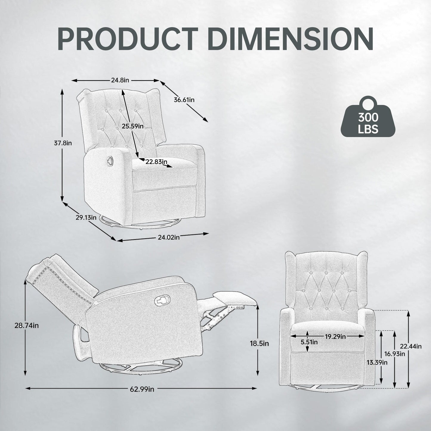 Poltrona reclinabile manuale girevole a 360° in lino beige con schienale imbottito con bottoni e poggiapiedi per soggiorno e camera da letto