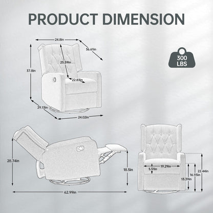 Poltrona reclinabile manuale girevole a 360° in lino beige con schienale imbottito con bottoni e poggiapiedi per soggiorno e camera da letto