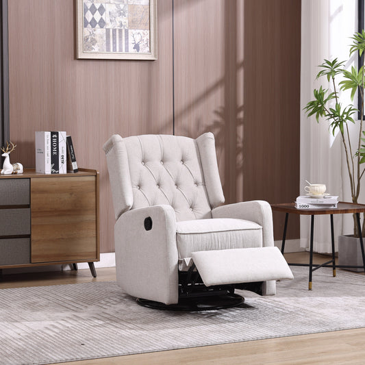 Poltrona reclinabile manuale girevole a 360° in lino beige con schienale imbottito con bottoni e poggiapiedi per soggiorno e camera da letto