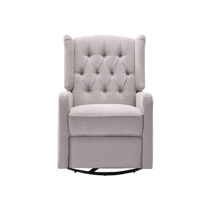 Poltrona reclinabile manuale girevole a 360° in lino beige con schienale imbottito con bottoni e poggiapiedi per soggiorno e camera da letto