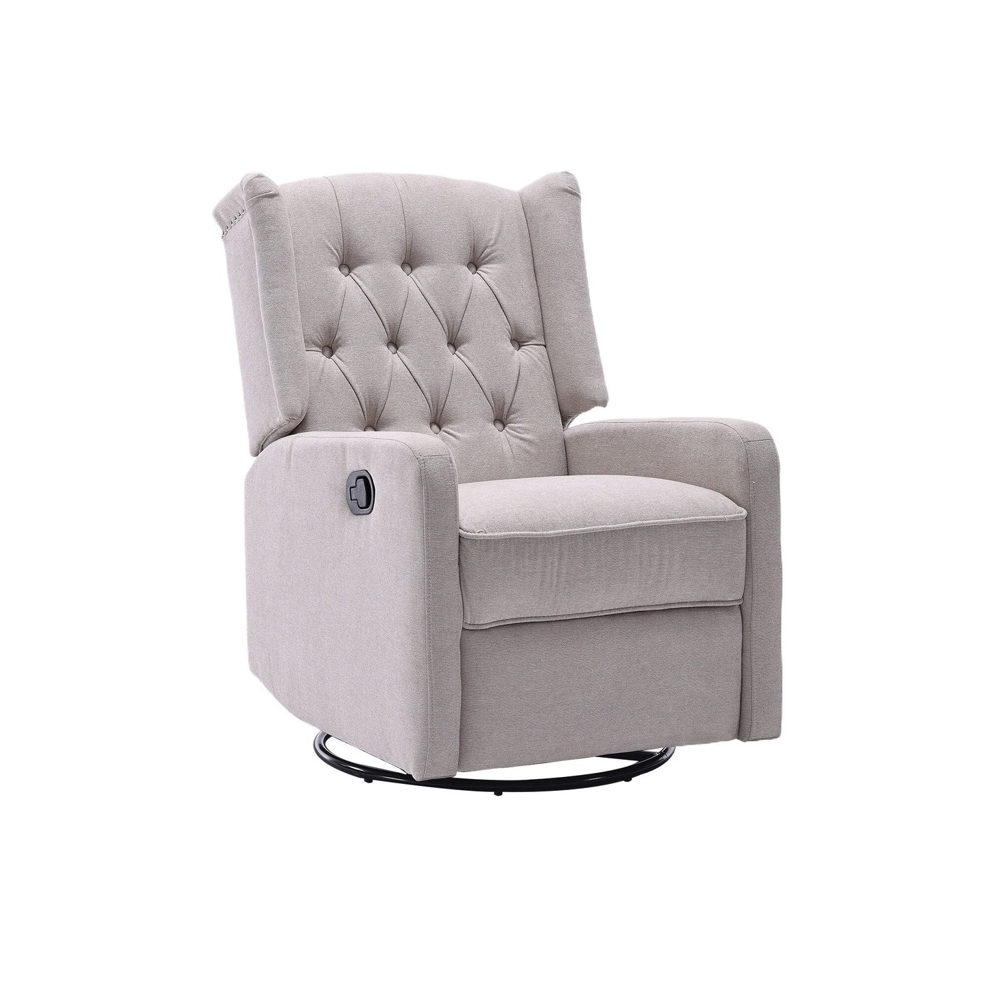Poltrona reclinabile manuale girevole a 360° in lino beige con schienale imbottito con bottoni e poggiapiedi per soggiorno e camera da letto