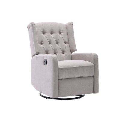Poltrona reclinabile manuale girevole a 360° in lino beige con schienale imbottito con bottoni e poggiapiedi per soggiorno e camera da letto