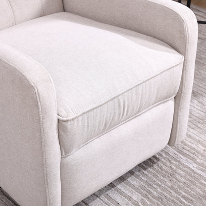 Poltrona reclinabile manuale girevole a 360° in lino beige con schienale imbottito con bottoni e poggiapiedi per soggiorno e camera da letto