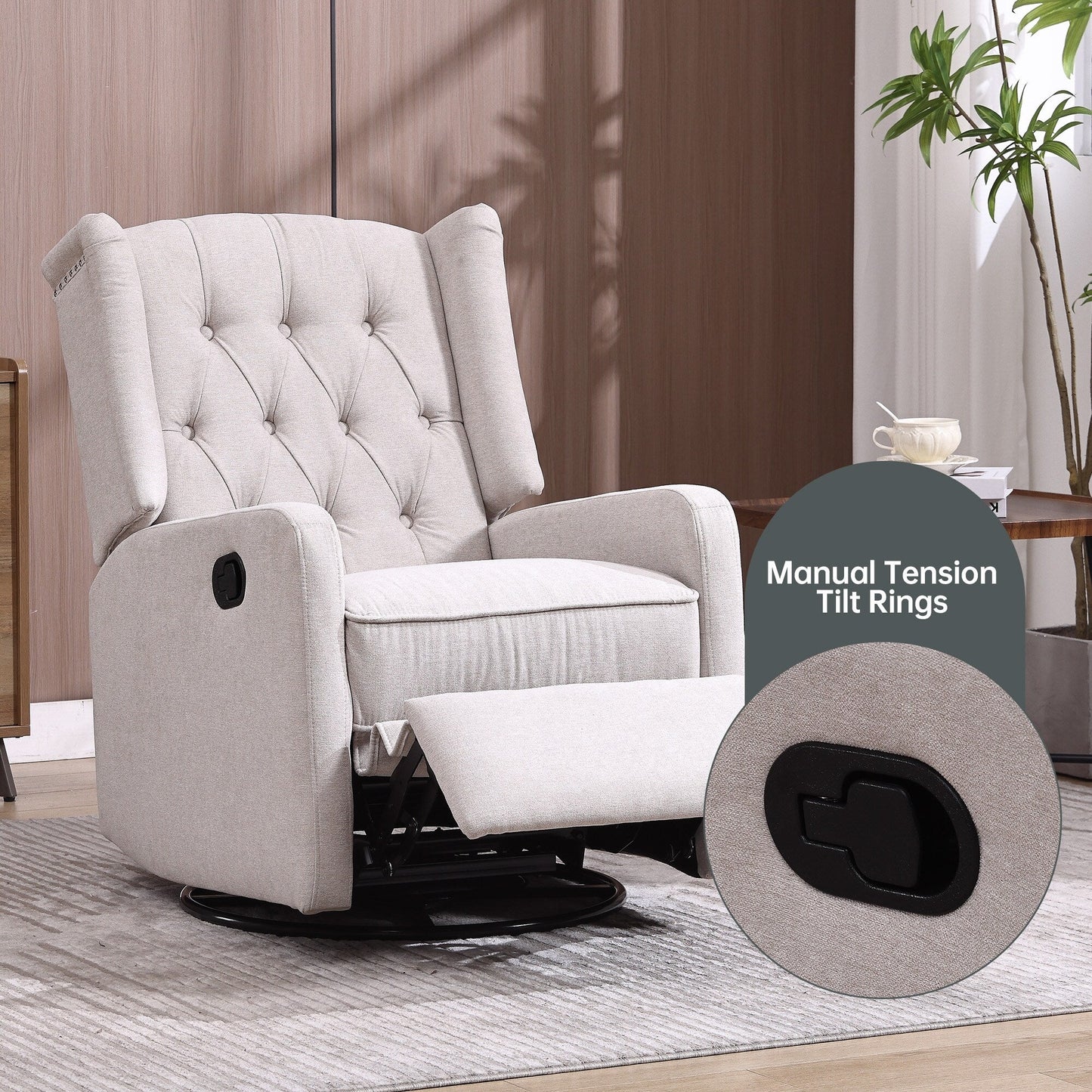 Poltrona reclinabile manuale girevole a 360° in lino beige con schienale imbottito con bottoni e poggiapiedi per soggiorno e camera da letto