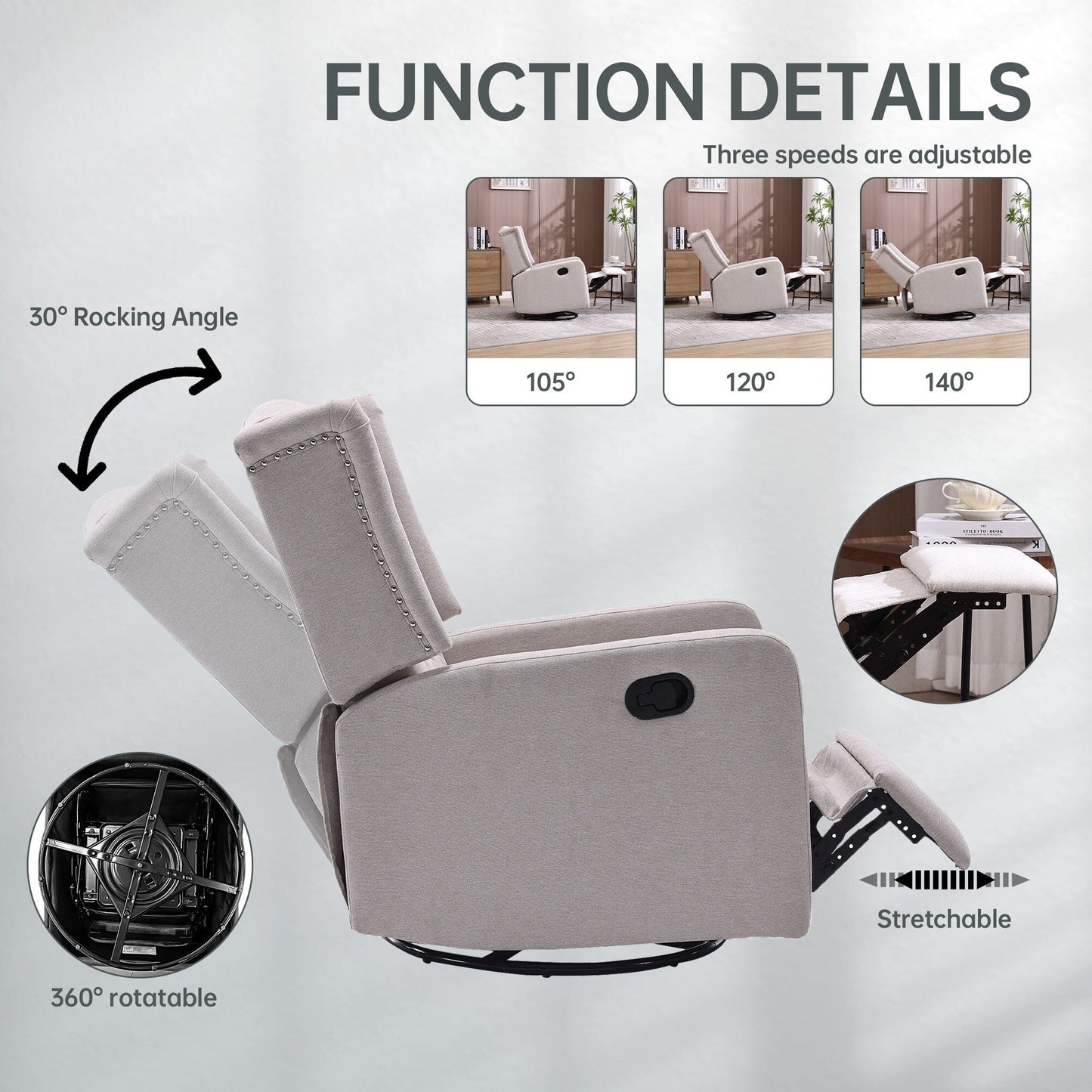Poltrona reclinabile manuale girevole a 360° in lino beige con schienale imbottito con bottoni e poggiapiedi per soggiorno e camera da letto